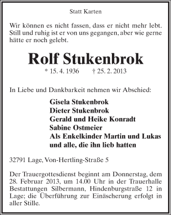 Anzeige  Rolf Stukenbrok  Lippische Landes-Zeitung