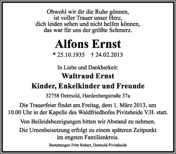Anzeige  Alfons Ernst  Lippische Landes-Zeitung