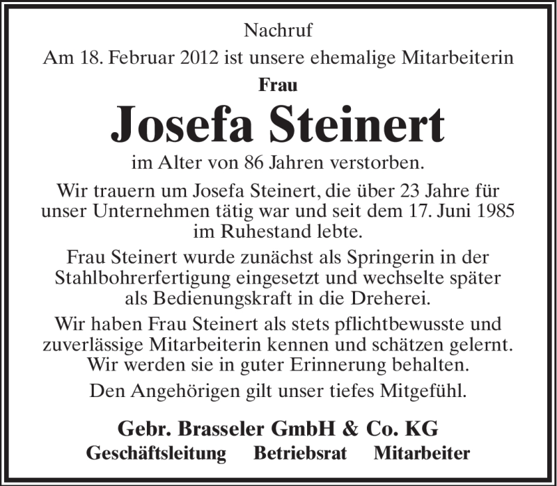  Traueranzeige für Josefa Steinert vom 22.02.2012 aus Lippische Landes-Zeitung