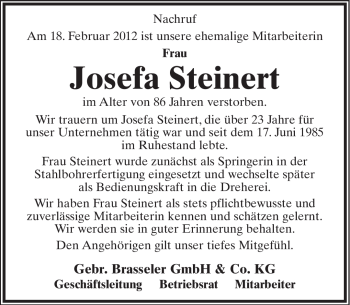 Anzeige  Josefa Steinert  Lippische Landes-Zeitung