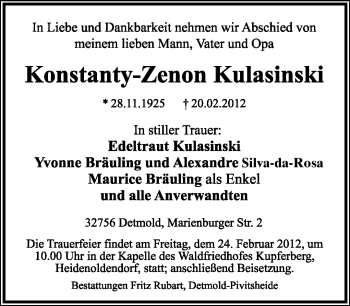Anzeige  Konstanty-Zenon Kulasinski  Lippische Landes-Zeitung