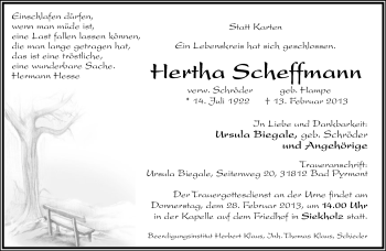 Anzeige  Hertha Scheffmann  Lippische Landes-Zeitung