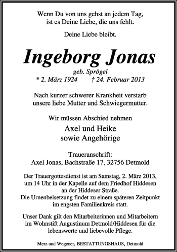 Anzeige  Ingeborg Jonas  Lippische Landes-Zeitung