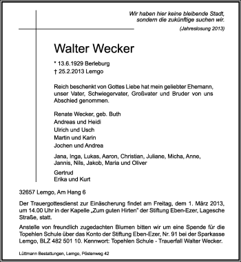 Anzeige  Walter Wecker  Lippische Landes-Zeitung