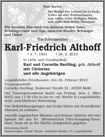 Anzeige  Karl-Friedrich Althoff  Lippische Landes-Zeitung