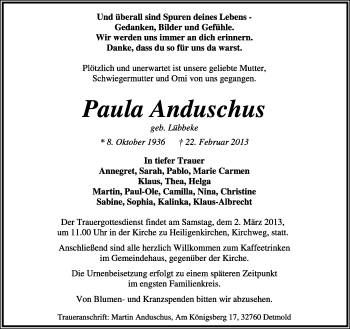 Anzeige  Paula Anduschus  Lippische Landes-Zeitung