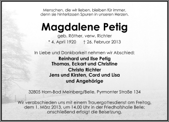 Anzeige  Magdalene Petig  Lippische Landes-Zeitung