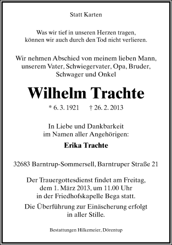 Anzeige  Wilhelm Trachte  Lippische Landes-Zeitung