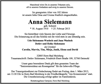 Anzeige  Anna Sielemann  Lippische Landes-Zeitung