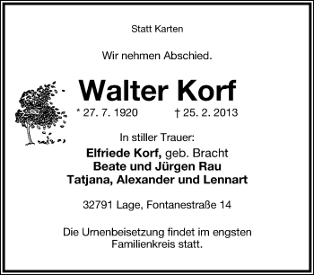 Anzeige  Walter Korf  Lippische Landes-Zeitung