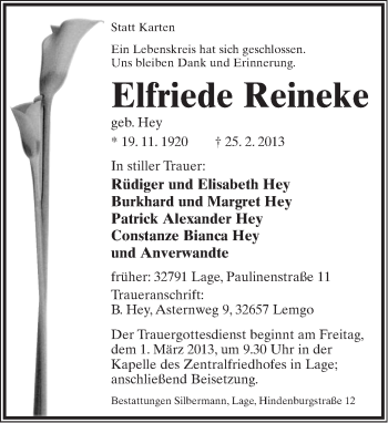 Anzeige  Elfriede Reineke  Lippische Landes-Zeitung