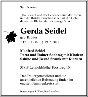 Anzeige  Gerda Seidel  Lippische Landes-Zeitung