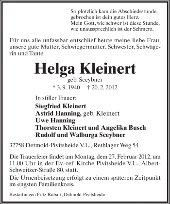 Anzeige  Helga Kleinert  Lippische Landes-Zeitung