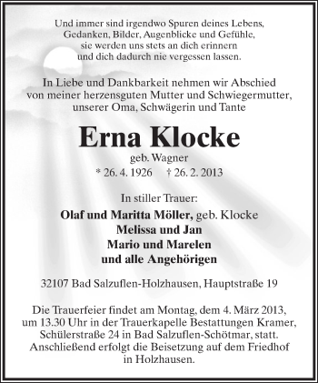 Anzeige  Erna Klocke  Lippische Landes-Zeitung