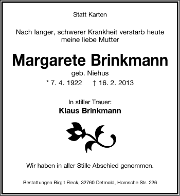 Anzeige  Margarete Brinkmann  Lippische Landes-Zeitung