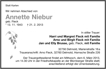 Anzeige  Anette Niebur  Lippische Landes-Zeitung