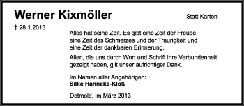 Anzeige  Werner Kixmöller  Lippische Landes-Zeitung