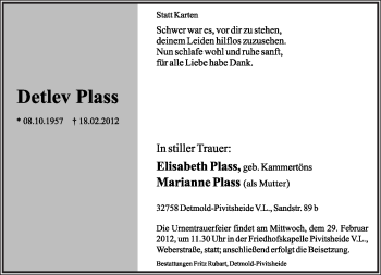 Anzeige  Detlev Plass  Lippische Landes-Zeitung