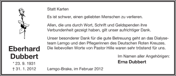Anzeige  Eberhard Dubbert  Lippische Landes-Zeitung