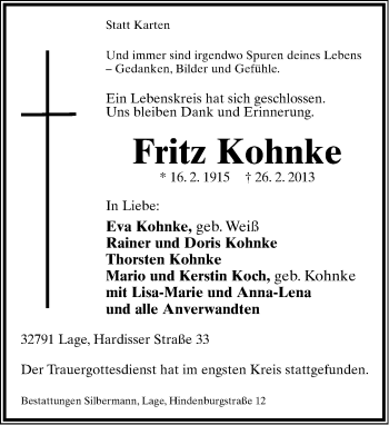 Anzeige  Fritz Kohnke  Lippische Landes-Zeitung