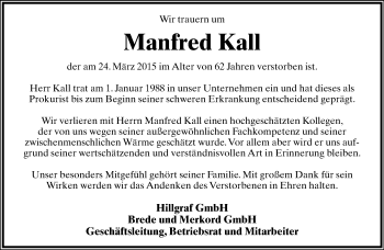 Anzeige  Manfred Kall  Lippische Landes-Zeitung