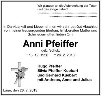 Anzeige  Anni Pfeiffer  Lippische Landes-Zeitung