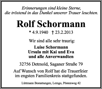 Anzeige  Rolf Schormann  Lippische Landes-Zeitung