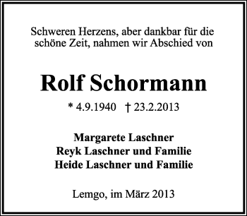 Anzeige  Rolf Schormann  Lippische Landes-Zeitung