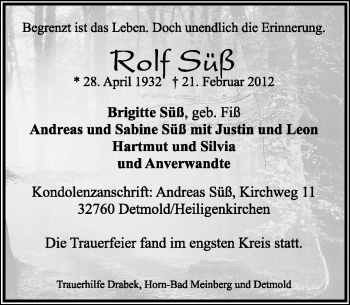 Anzeige  Rolf Süss  Lippische Landes-Zeitung