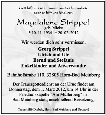 Anzeige  Magdalene Strippel  Lippische Landes-Zeitung