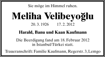 Anzeige  Meliha Velibeyoglu  Lippische Landes-Zeitung