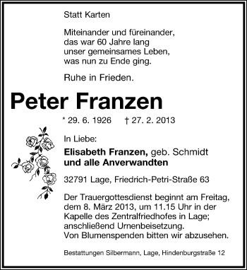Anzeige  Peter Franzen  Lippische Landes-Zeitung