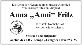 Anzeige  Anna Fritz  Lippische Landes-Zeitung