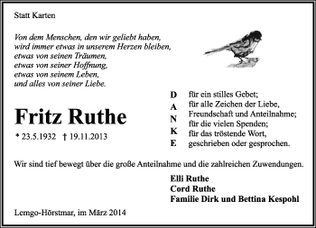 Anzeige  Fritz Ruthe  Lippische Landes-Zeitung