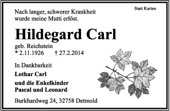 Anzeige  Hildegard Carl  Lippische Landes-Zeitung
