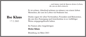 Anzeige  Ilse Klaus  Lippische Landes-Zeitung