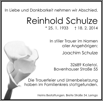 Anzeige  Reinhold Schulze  Lippische Landes-Zeitung