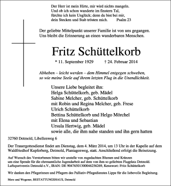 Anzeige  Fritz Schüttelkorb  Lippische Landes-Zeitung