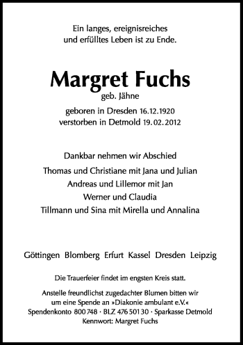 Anzeige  Margret Fuchs  Lippische Landes-Zeitung