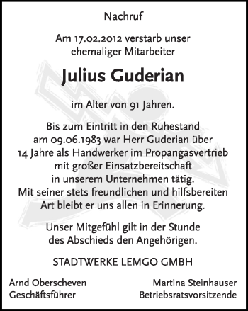 Anzeige  Julius Guderian  Lippische Landes-Zeitung