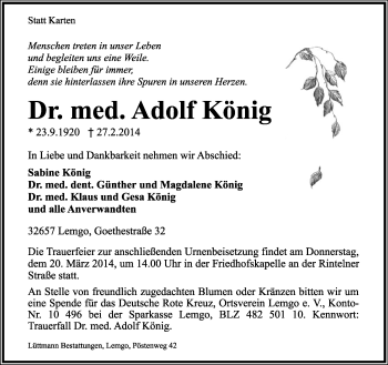 Anzeige  Adolf König  Lippische Landes-Zeitung