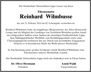 Anzeige  Reinhard Wilmbusse  Lippische Landes-Zeitung