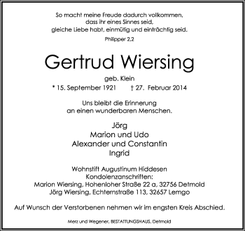 Anzeige  Gertrud Wiersing  Lippische Landes-Zeitung