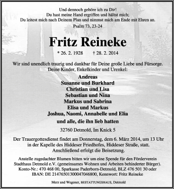 Anzeige  Fritz Reineke  Lippische Landes-Zeitung