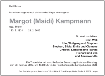 Anzeige  Margot Kampmann  Lippische Landes-Zeitung