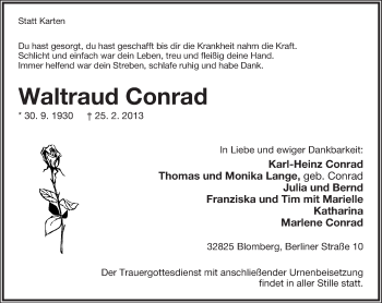 Anzeige  Waltraud Conrad  Lippische Landes-Zeitung