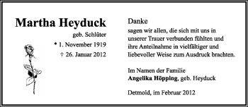 Anzeige  Martha Heyduck  Lippische Landes-Zeitung