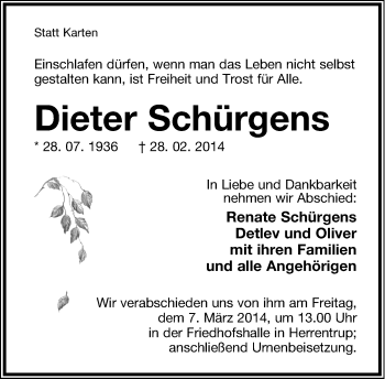 Anzeige  Dieter Schürgens  Lippische Landes-Zeitung