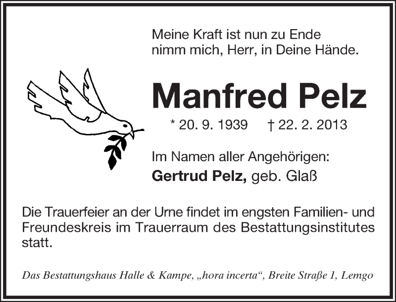  Traueranzeige für Manfred Pelz vom 01.03.2013 aus Lippische Landes-Zeitung