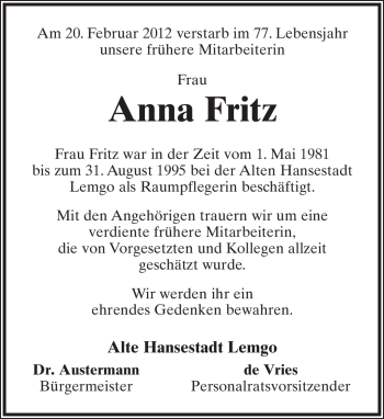 Anzeige  Anna Fritz  Lippische Landes-Zeitung